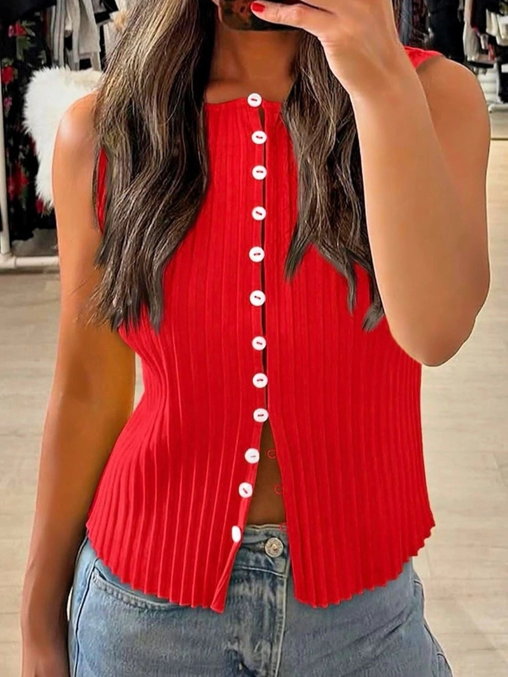 Red Ribbed Button Front Tank Top